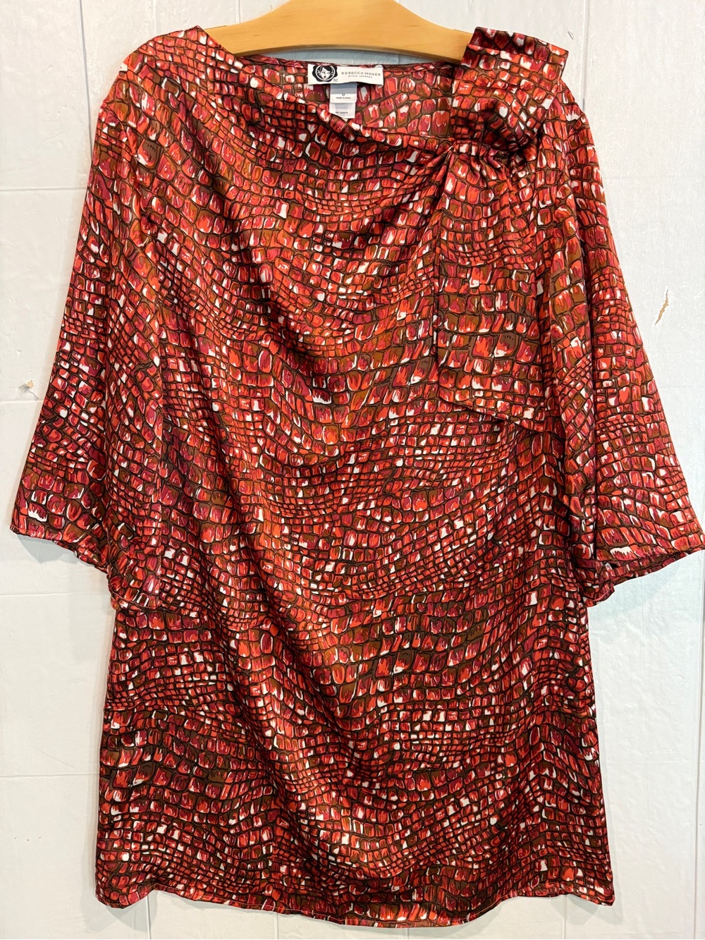 Rebecca Moses Silk Charmeuse Red and Brown Croc-Print Shift Dress Sz M Pristine